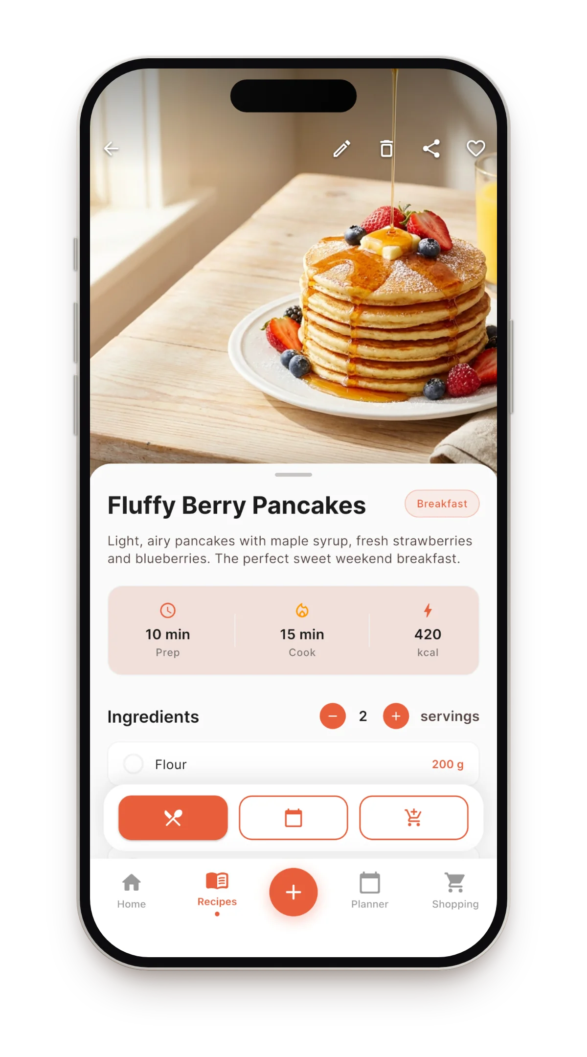 Recipe card with photo, prep time, calories, servings and ingredients