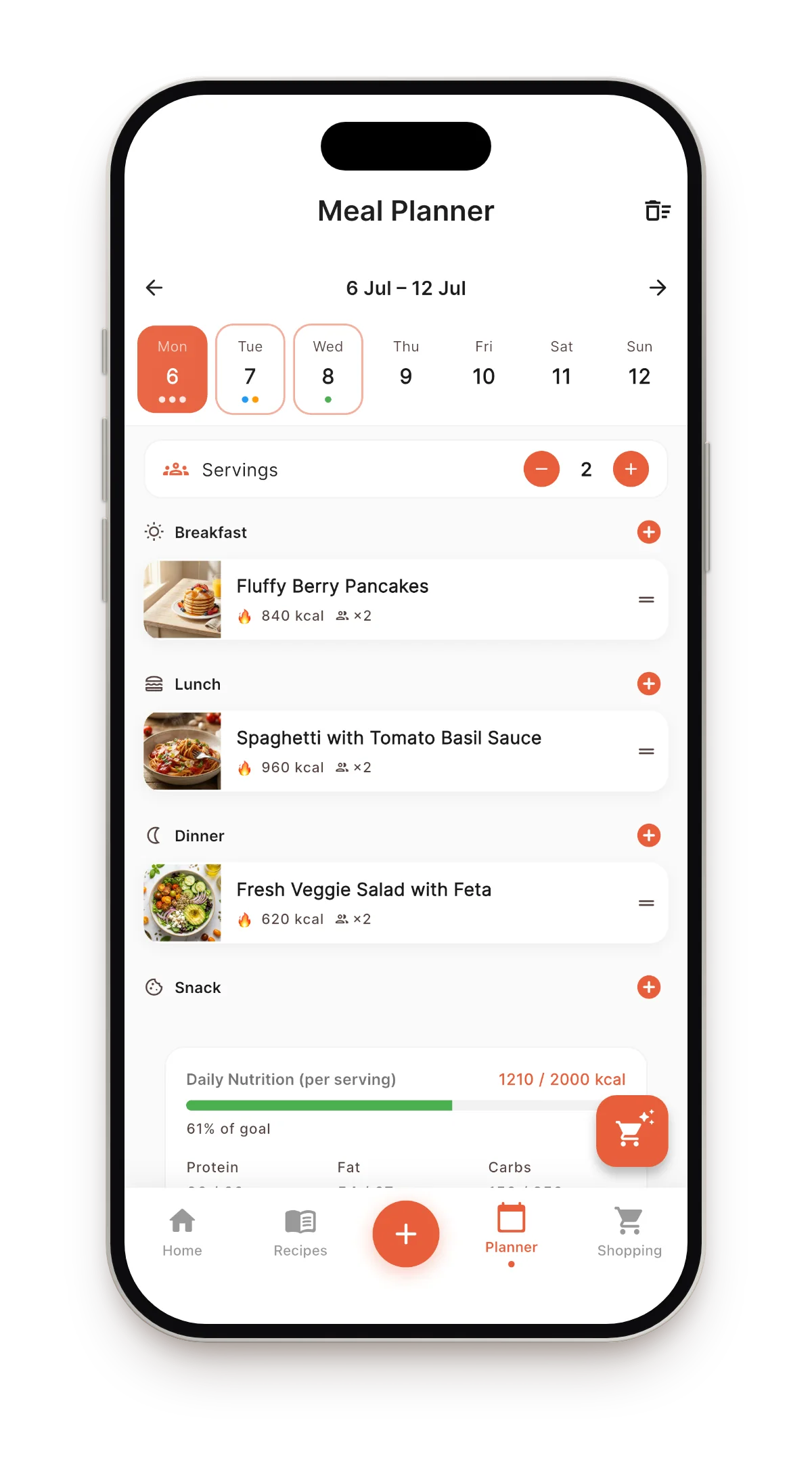 Weekly meal planner with breakfast, lunch and dinner and daily calories