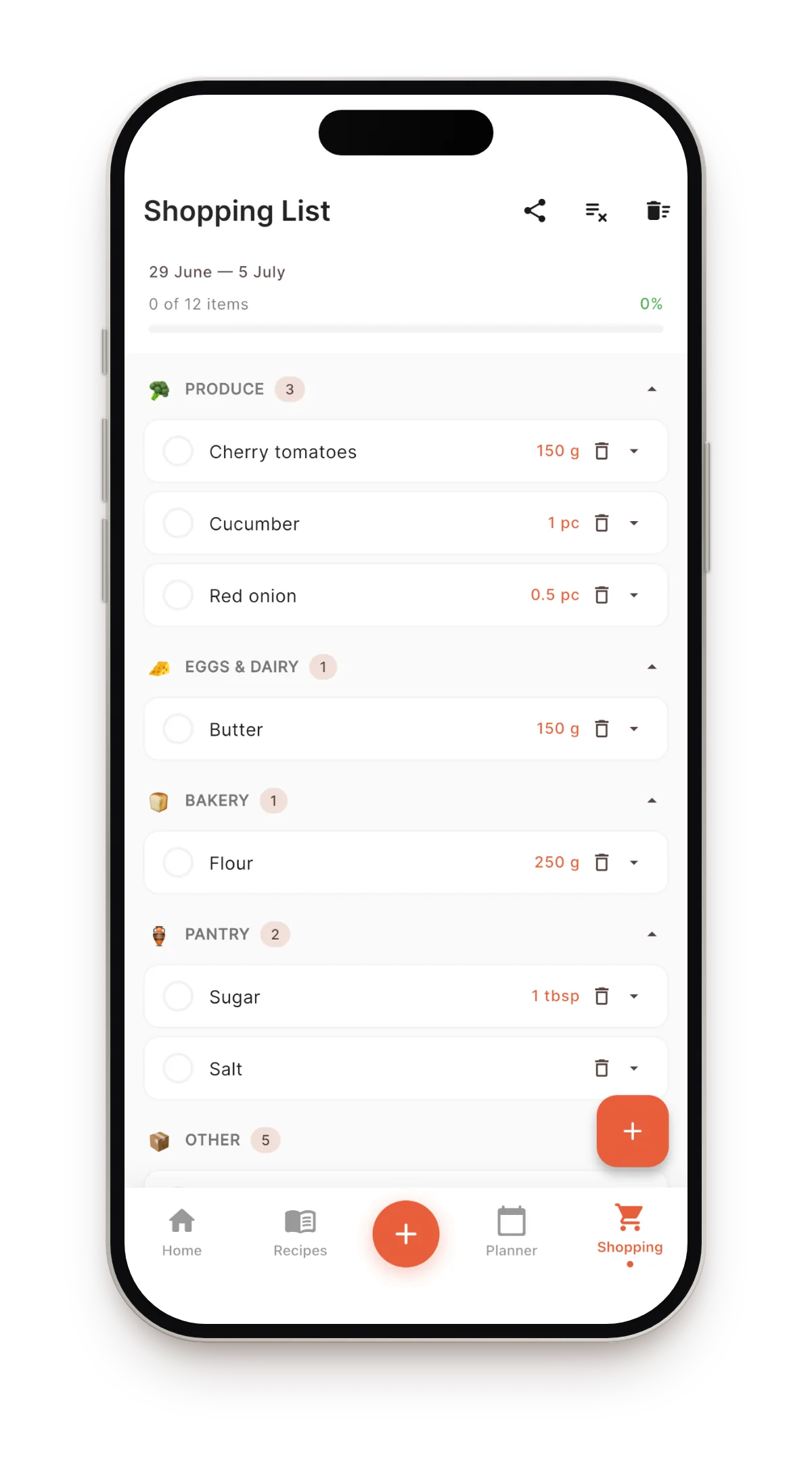 Smart shopping list grouped by category, built from the meal plan